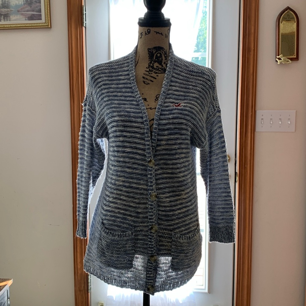 Hollister S ladies blue and white cardigan. Button up. Pockets. Vintage look
